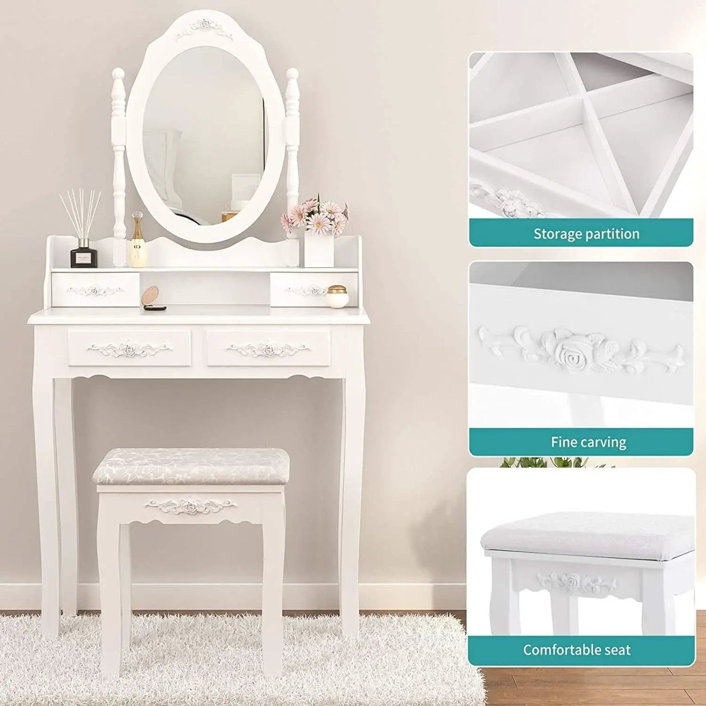 White Vanity Table Set With 360 Degree Rotating Mirror from PriceLows™