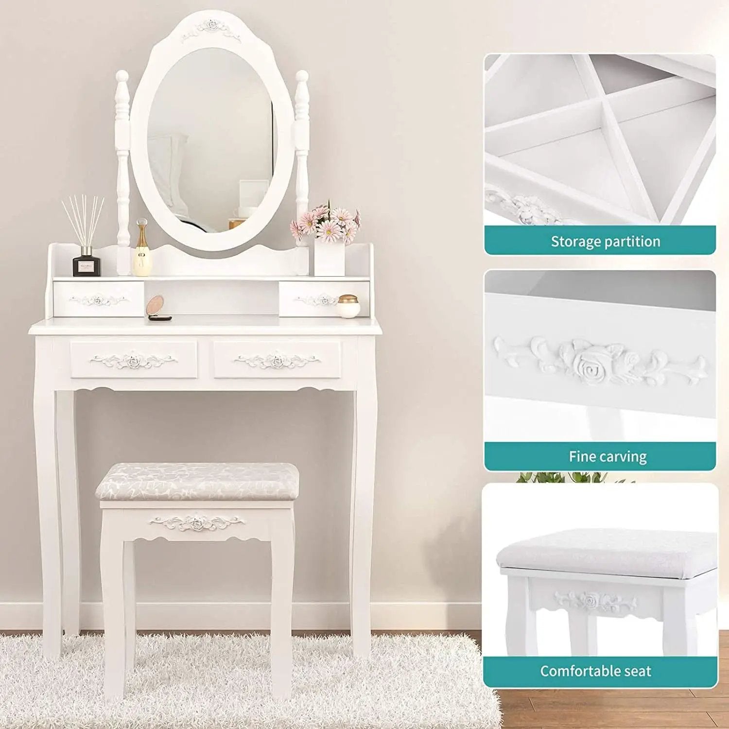 White Vanity Table Set With 360 Degree Rotating Mirror from PriceLows™