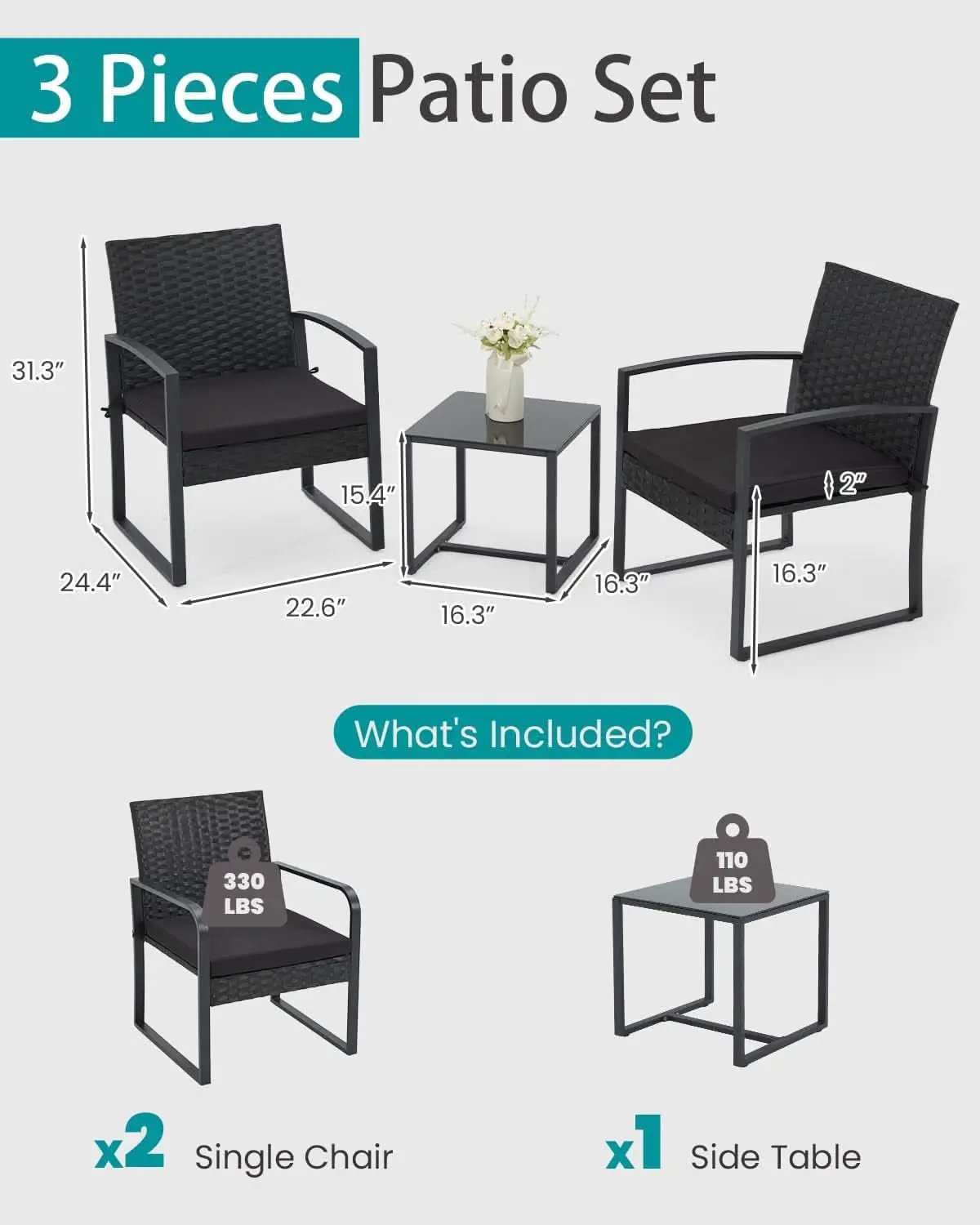 3 Piece Outdoor Rattan Patio Furniture Set With Durable Steel Frame And Strapped Cushions from PriceLows™