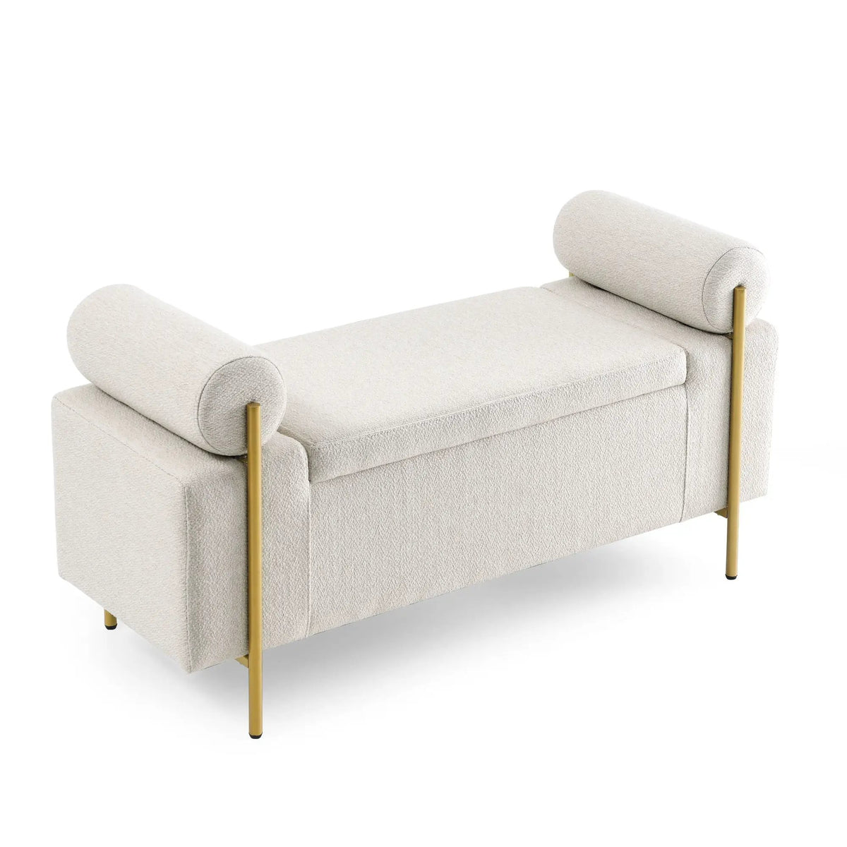 Upholstered Storage Bench | Cylindrical Arms | Iron Legs