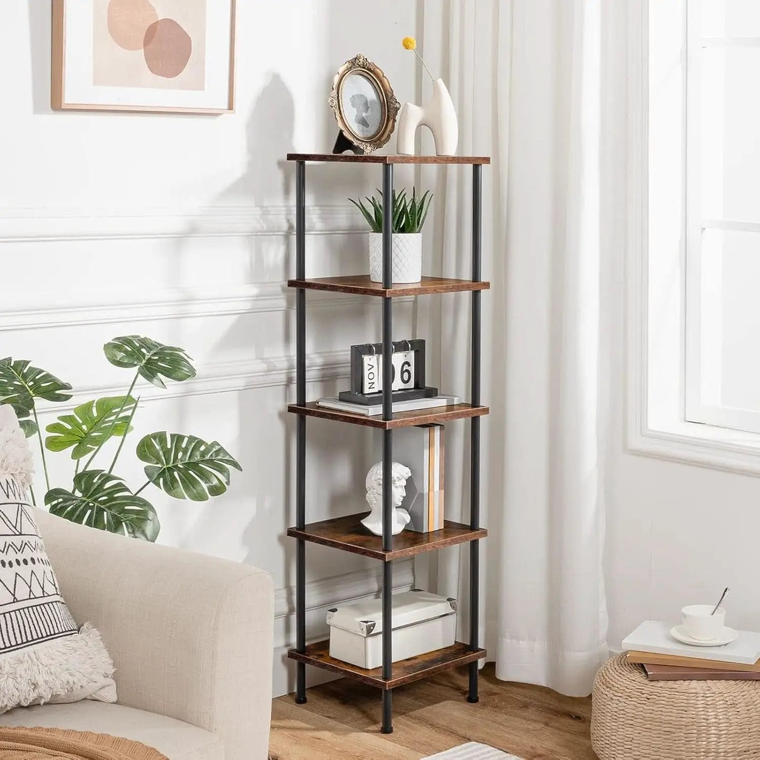 Five Tier Corner Shelf Stand Rustic Brown And Black Bookcase from PriceLows™