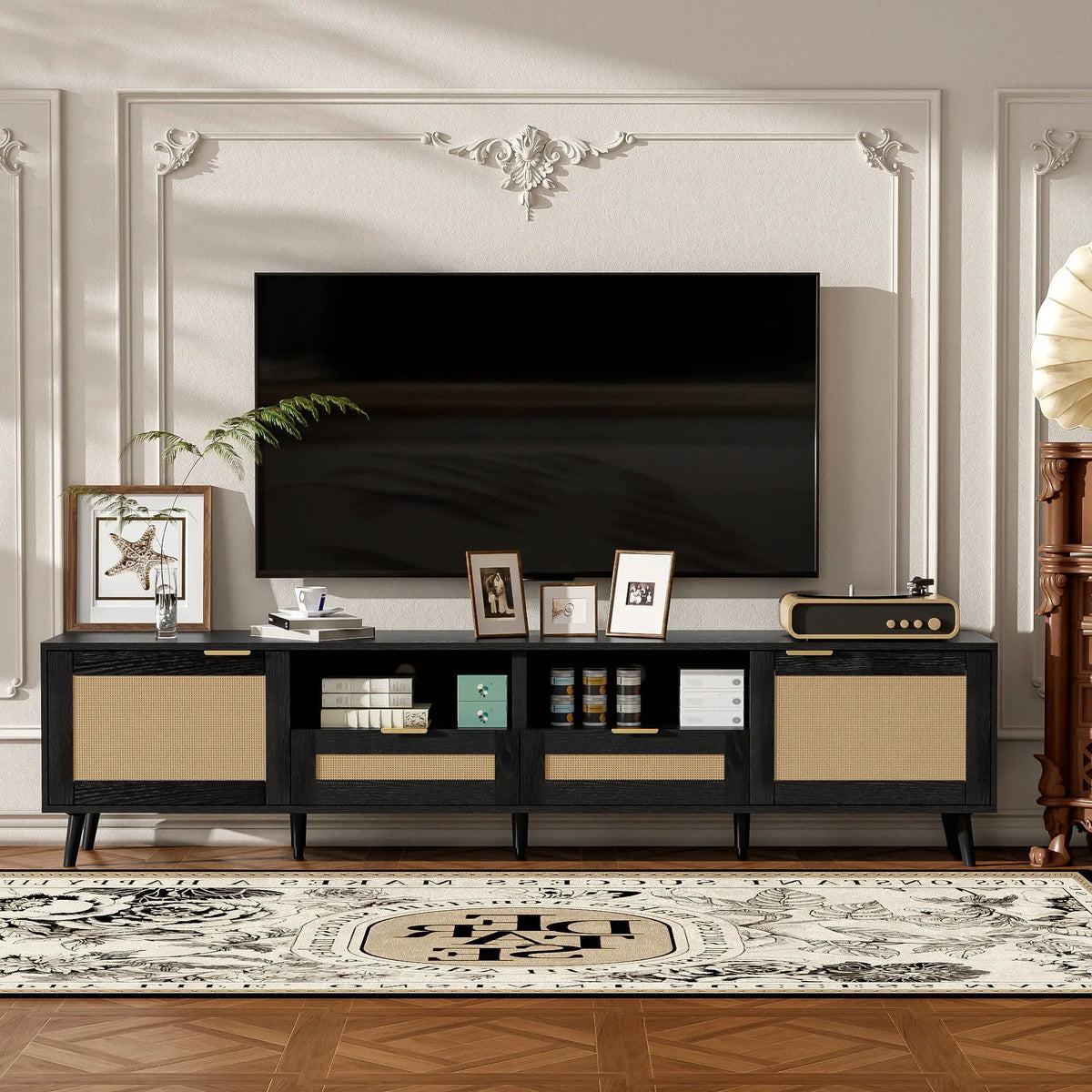Rattan TV Stand | Media Console | Two Cabinets And Two Open Shelves | Cable Management