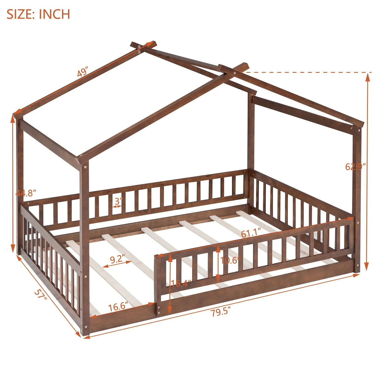Kids Bed Frame | Playhouse Design | Roof And Fence | Toddler Size