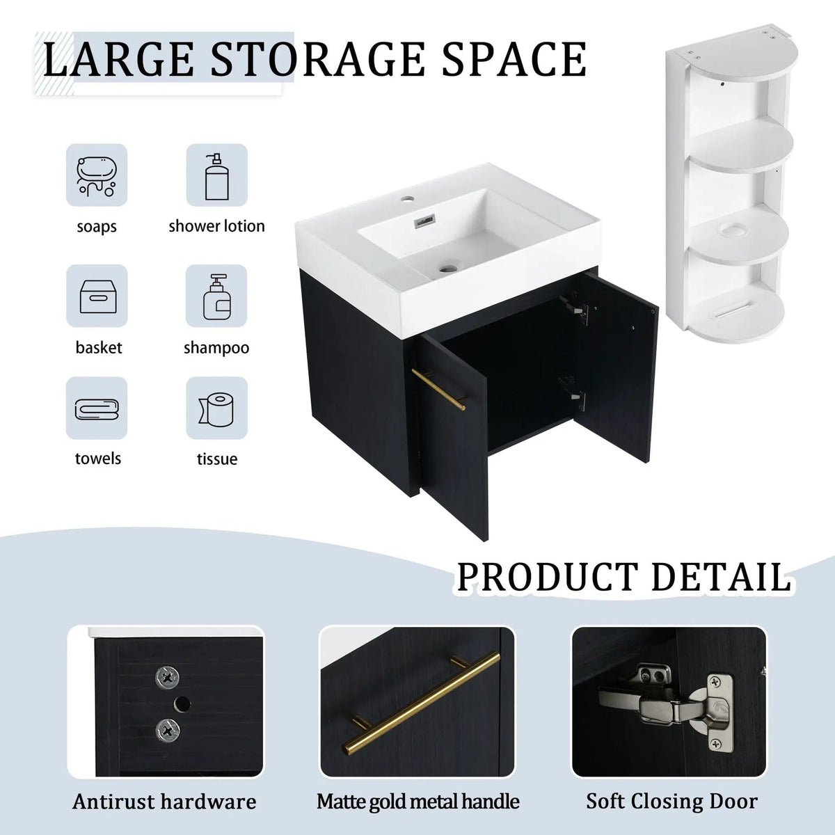 Modern Wall Mounted Bathroom Vanity With Resin Sink And Storage Rack | 2 Pieces | Stainless Steel & Plywood | Bathroom