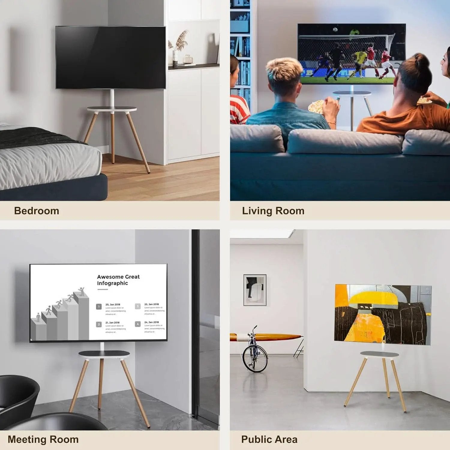 Tripod TV Stand 40-65 Inch White Swivel Wooden Tray from PriceLows™