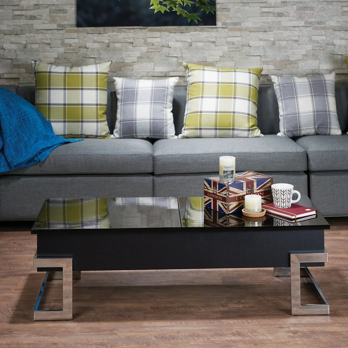 Calmam Lift Top Coffee Table | High Gloss Finish | 47 Inch Width | Geometric Metal Base
