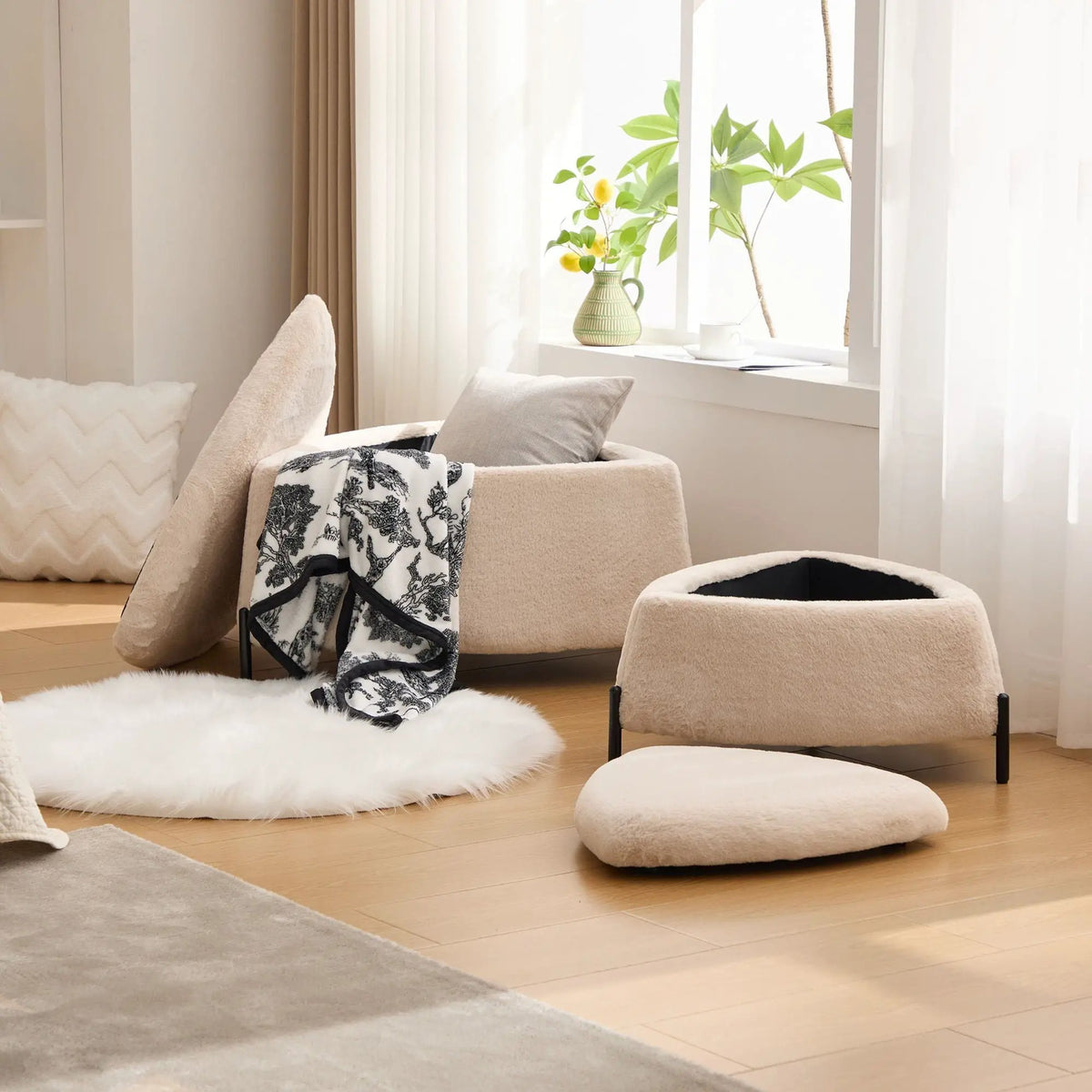 Storage Ottoman Set | Upholstered Faux Fur | Reversible Lid | Solid Wood Frame
