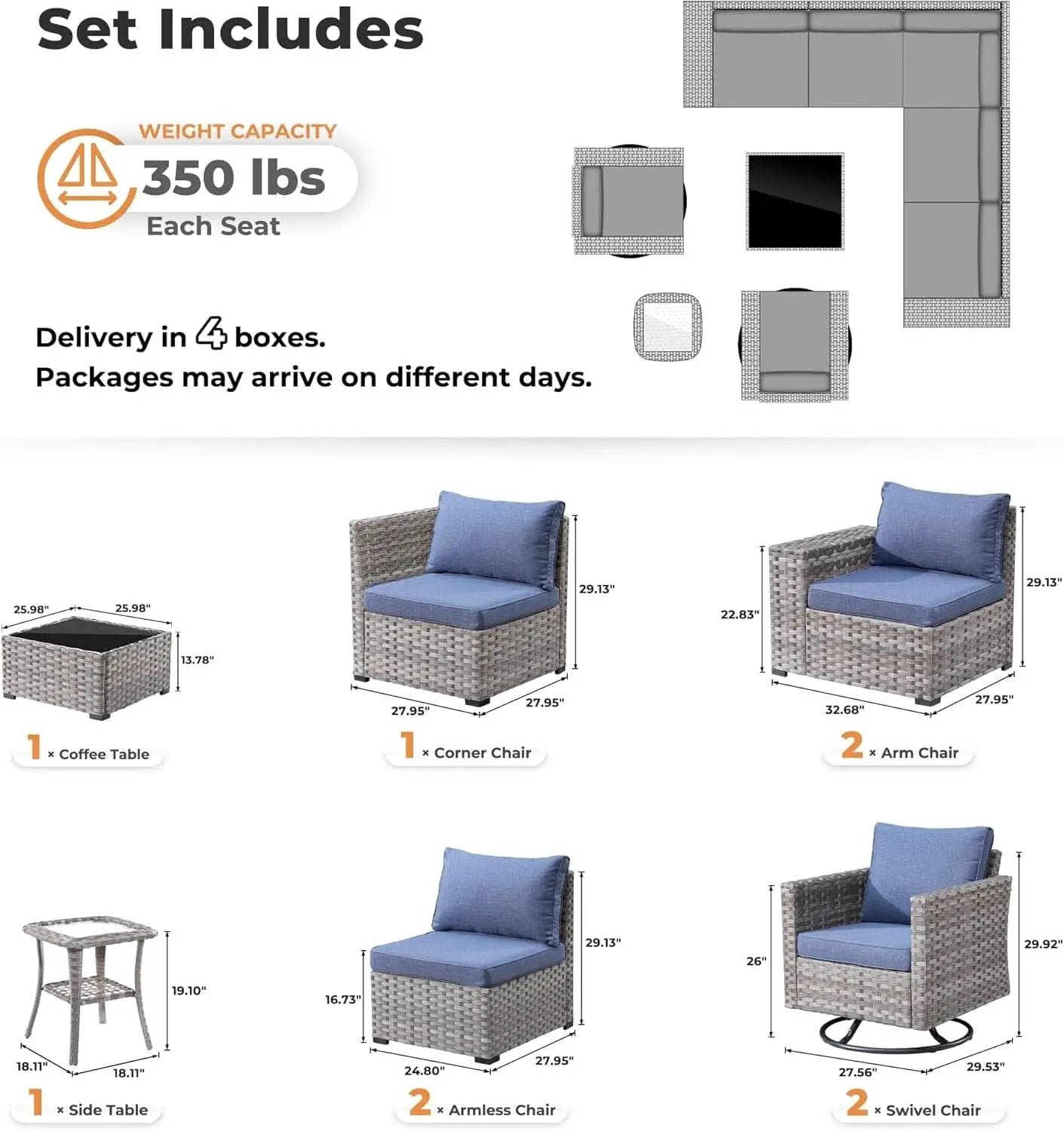 Outdoor Wicker Sectional Sofa Set with Swivel Chairs from PriceLows™