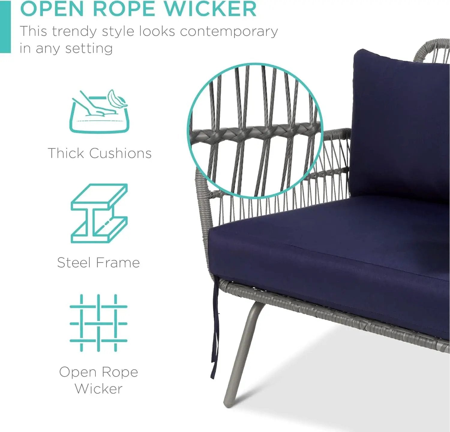 Outdoor Rope Woven Sectional Sofa Gray Navy Cushions from PriceLows™