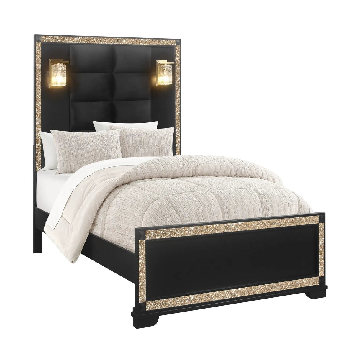 Panel Bed With Lamps | Glitter Detail | Low Profile | Durable Wood Construction