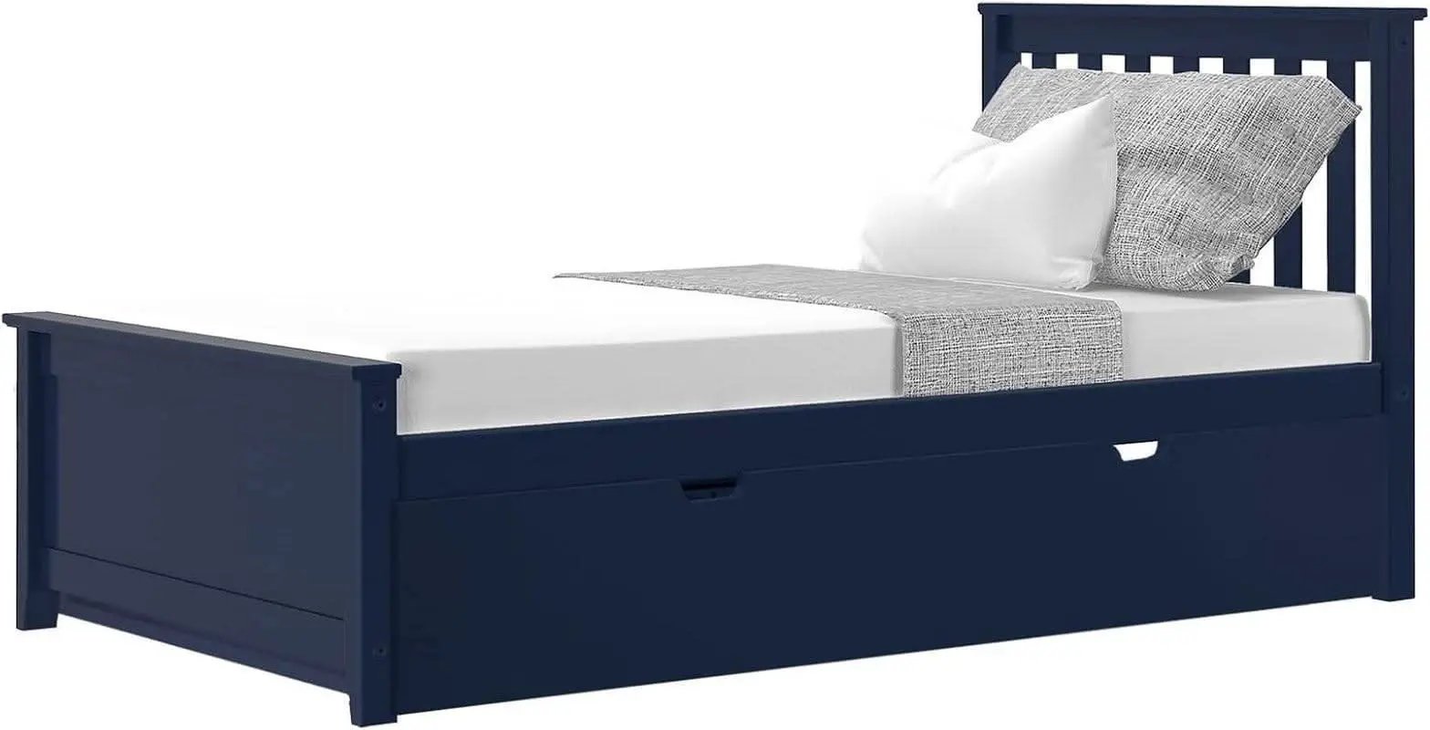 Blue Twin Bed Frame With Trundle Slatted Headboard from PriceLows™