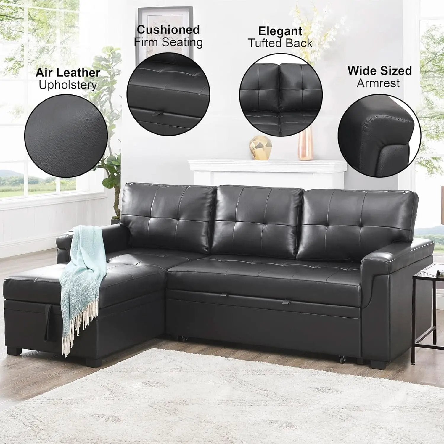 Sleeper Sectional Sofa Black Leather With Convertible Bed from PriceLows™