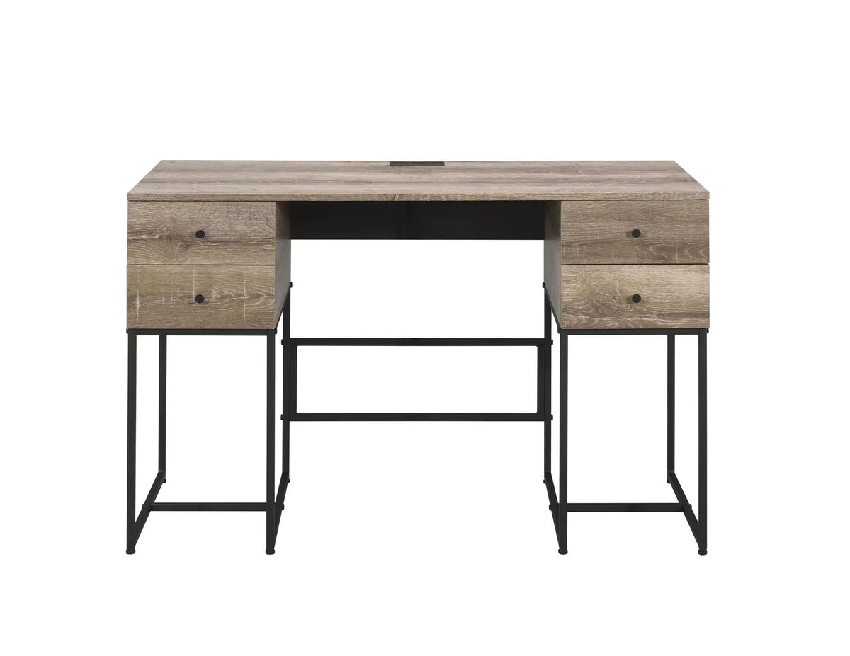 Desirre Writing Desk With USB Port | Oak Finish | Four Storage Drawers | Contemporary Metal Base