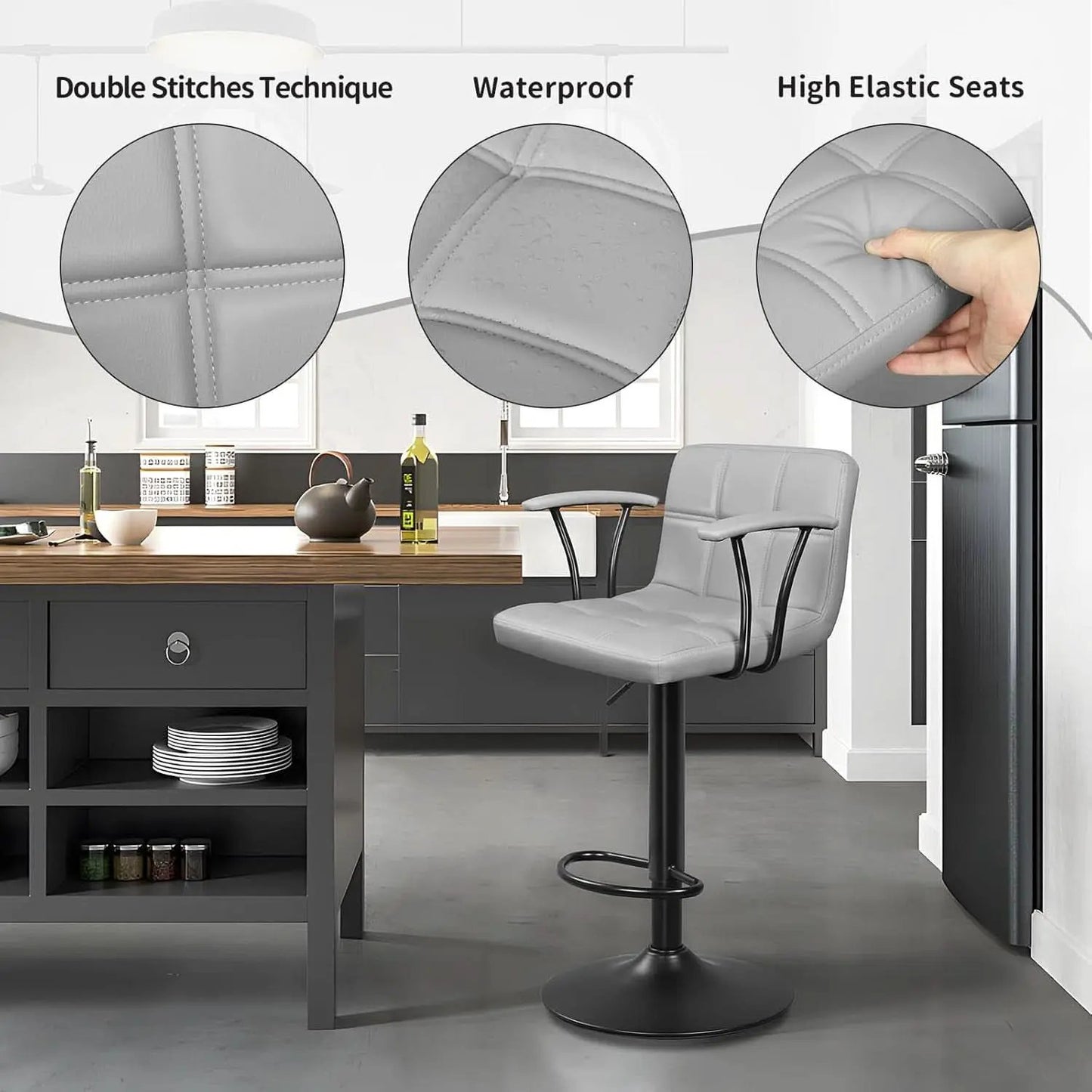 Bar Stools 2 Adjustable Swivel With Back Grey PU Leather from PriceLows™