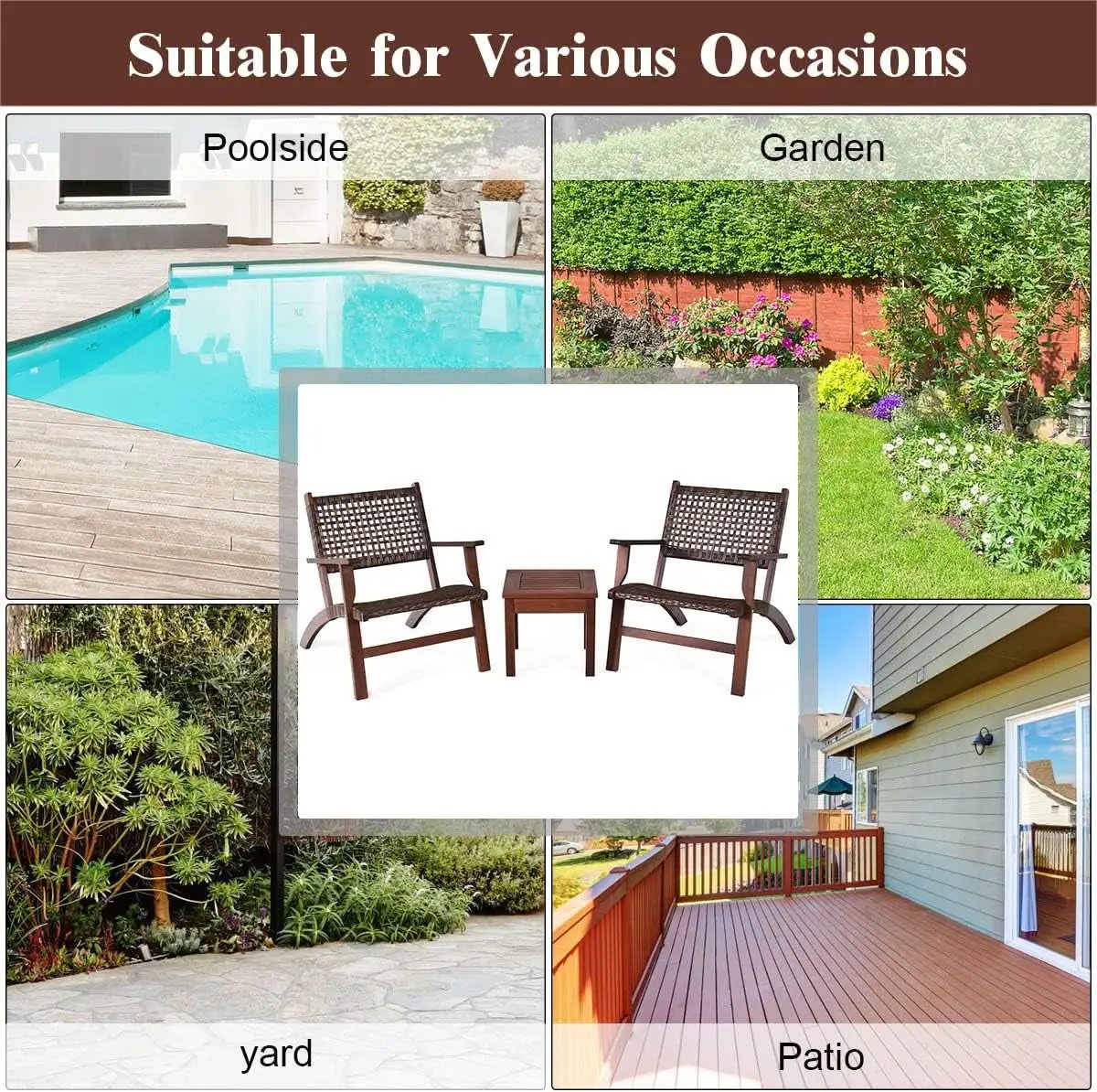 3 Piece Patio Conversation Set With Solid Eucalyptus Wood Frame And Brown Rattan Wicker from PriceLows™