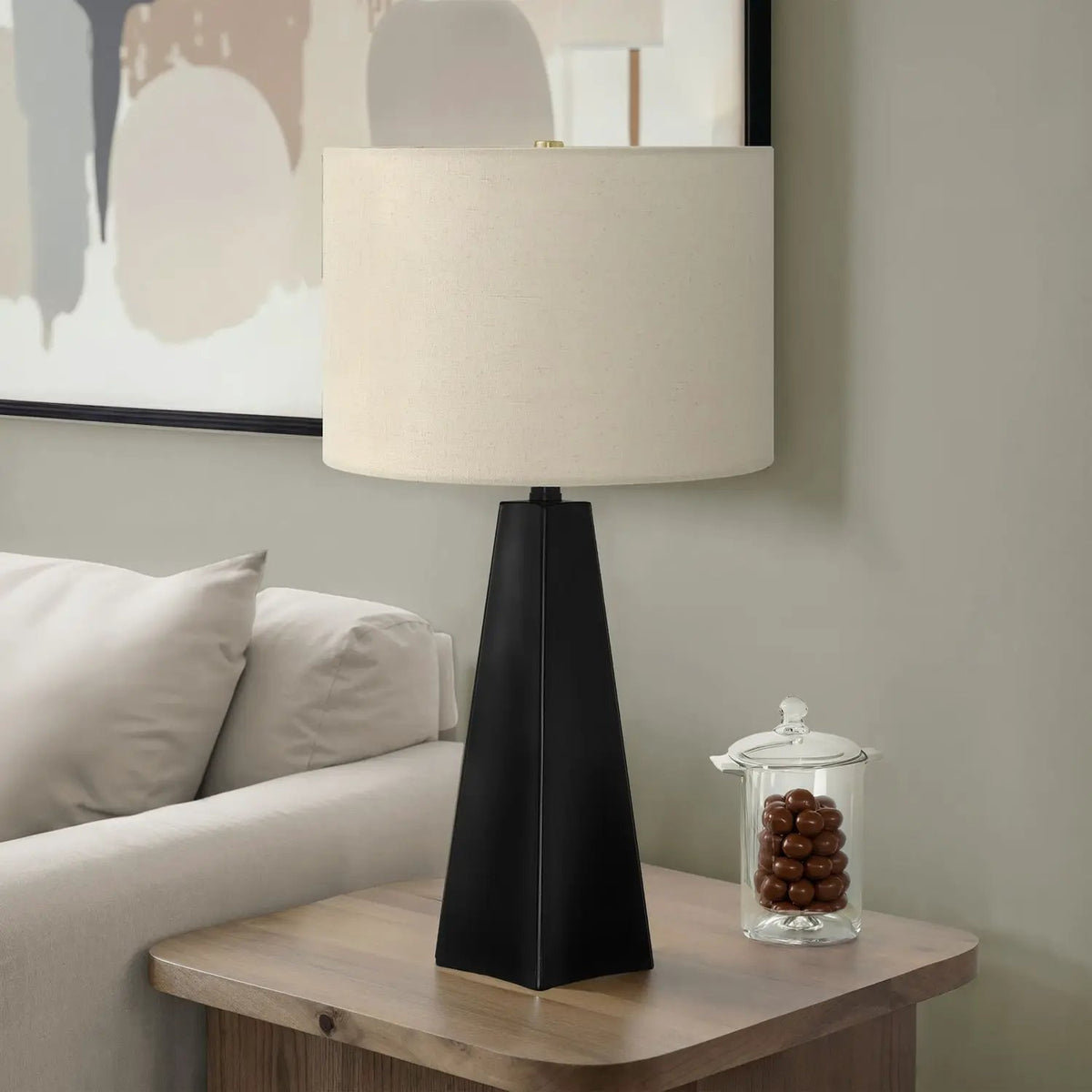 Black Resin Table Lamp | Triangular Base | 26.5 Inch Height | Beige Linen Drum Shade