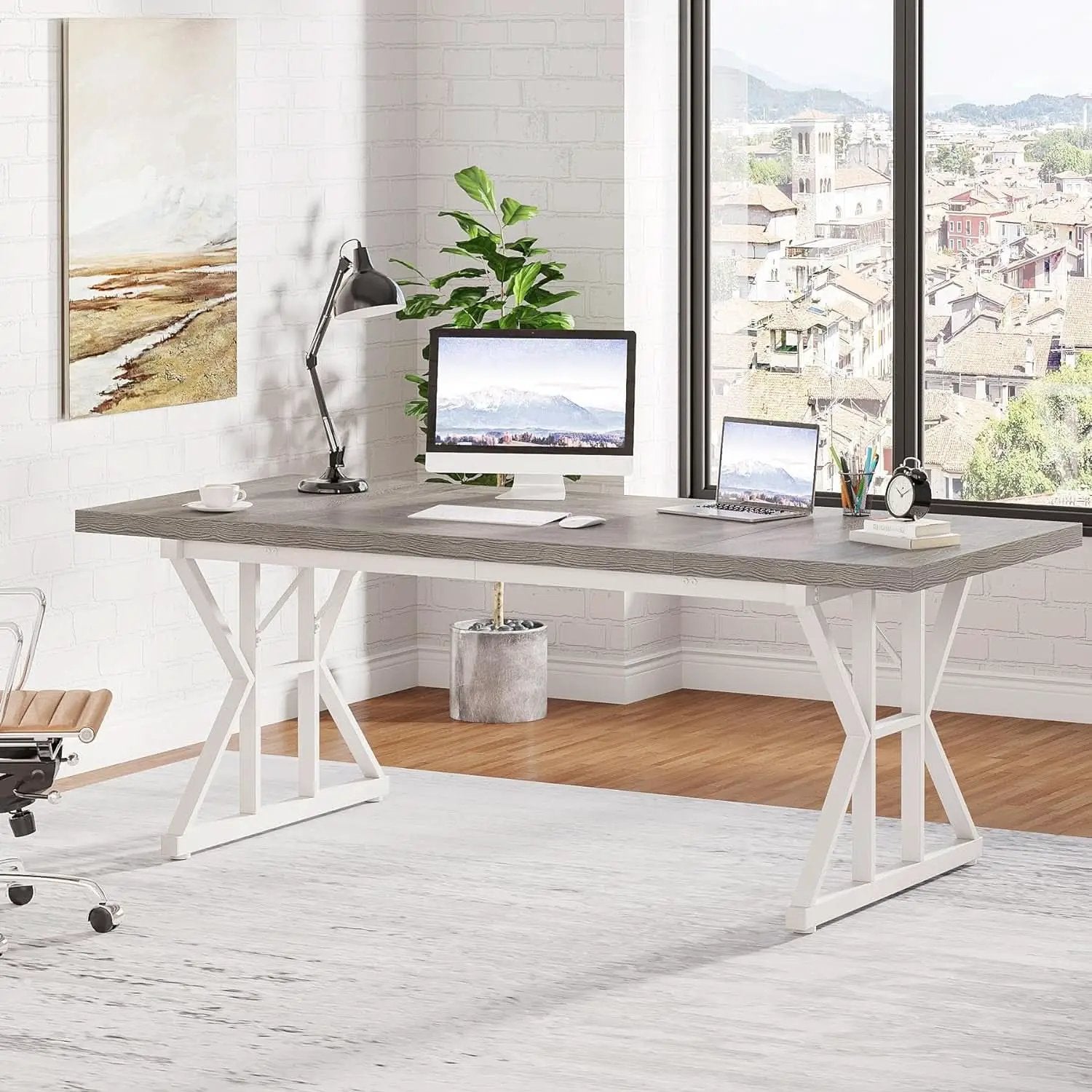 70.8 Inch Grey White Executive Desk Large Home Office from PriceLows™