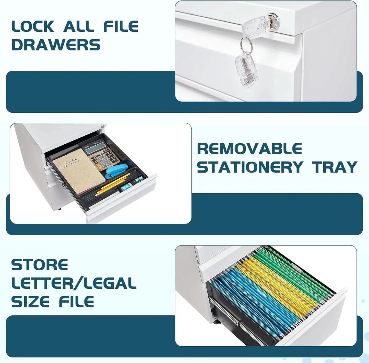 White 3 Drawer Filing Cabinet On Wheels With Lock For Home Office from PriceLows™