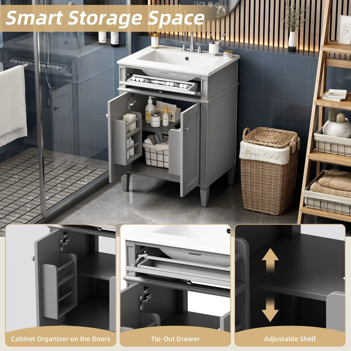 24 Inch Bathroom Vanity | 2 Doors | Tip Out Drawer | Soft Closing Hinges