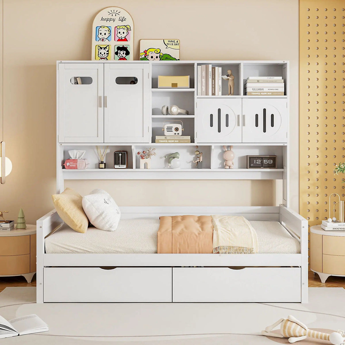 Daybed With All-In-One Cabinet And Shelf | 2 Pieces | Wood | Bedroom