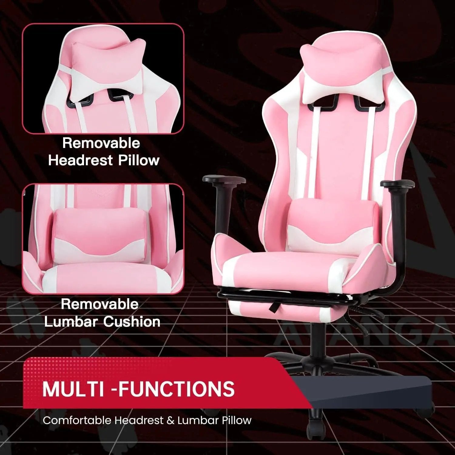 Pink PC Gaming Chair With Lumbar Support For Home Office from PriceLows™