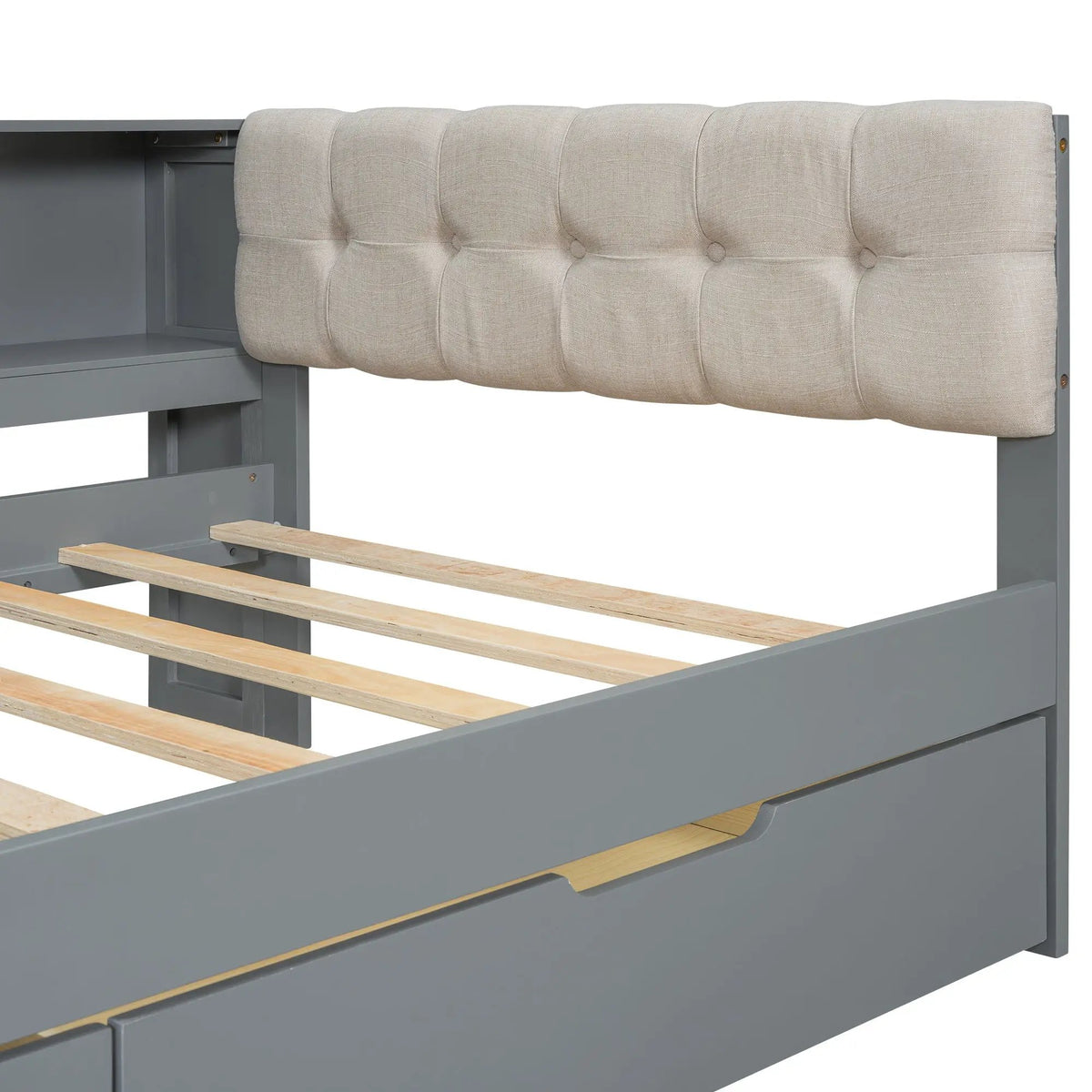 Upholstered Headboard Platform Bed | Storage Shelves | Two Drawers | Charging Station