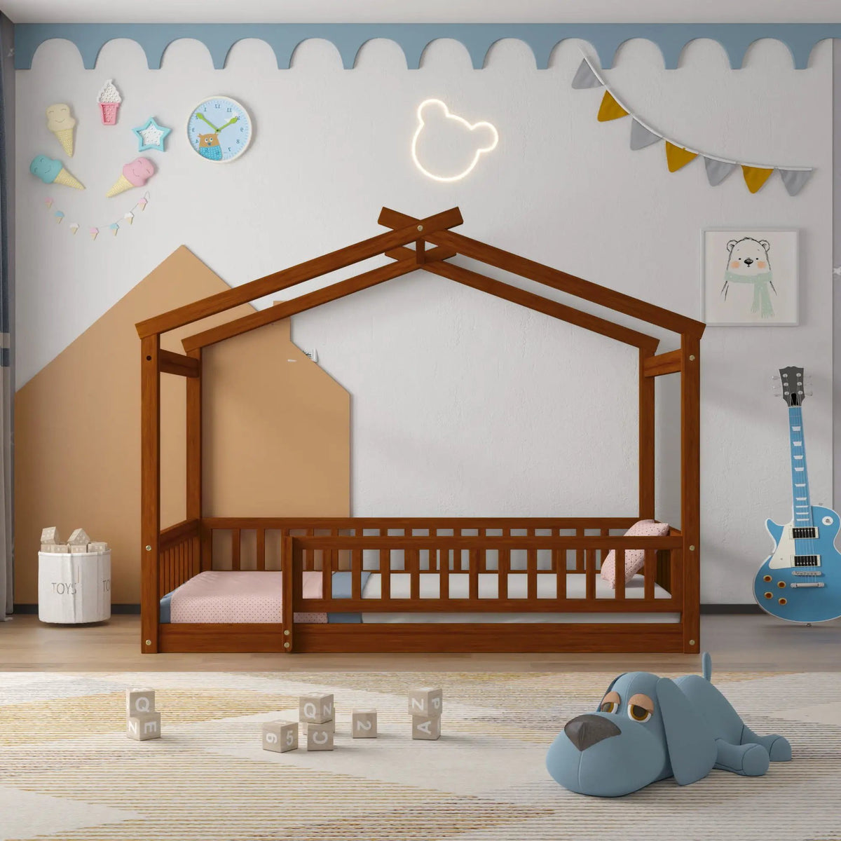 Kids Bed Frame | Playhouse Design | Roof And Fence | Toddler Size