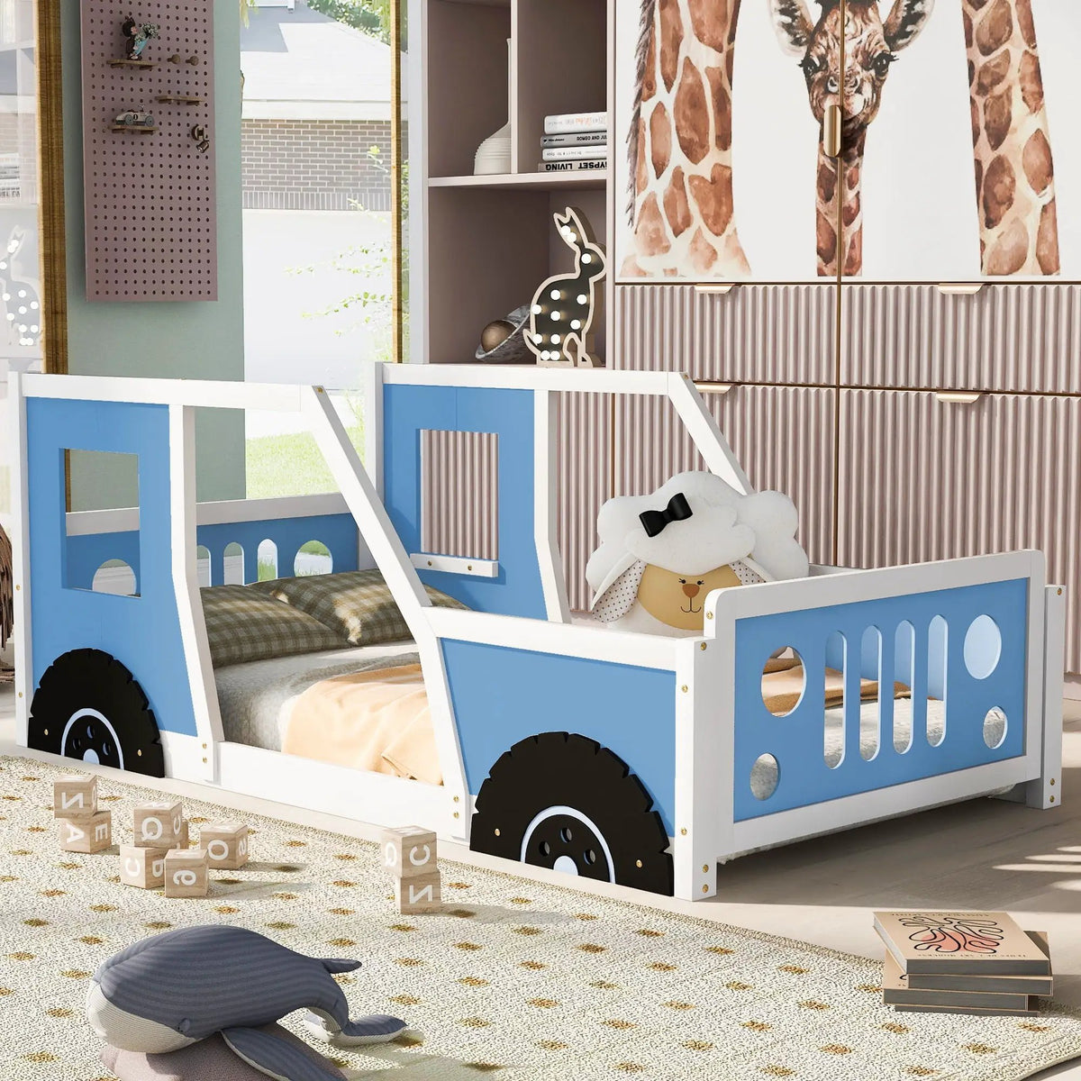 Car Shaped Platform Bed | Solid Pine Wood | Decorative Wheels