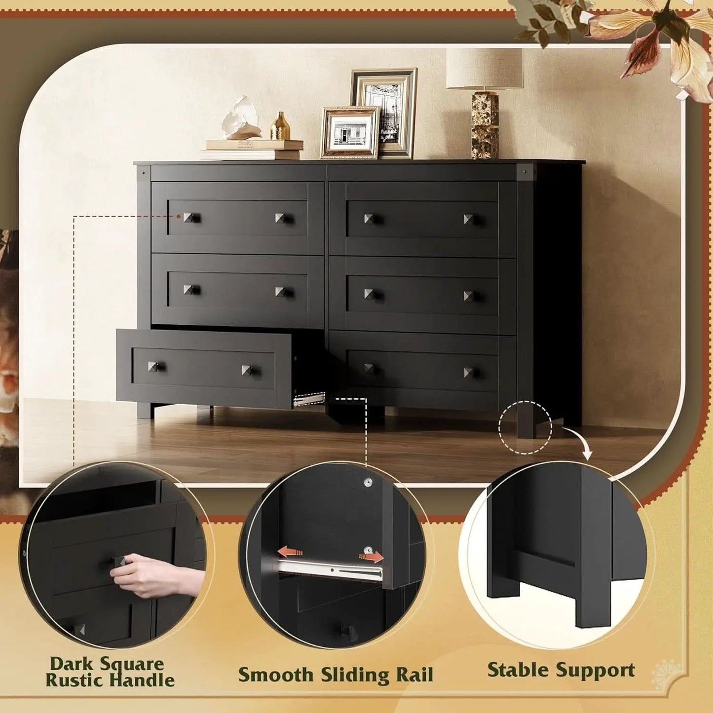 Farmhouse Black 6 Drawer Dresser 53InchWide Storage from PriceLows™