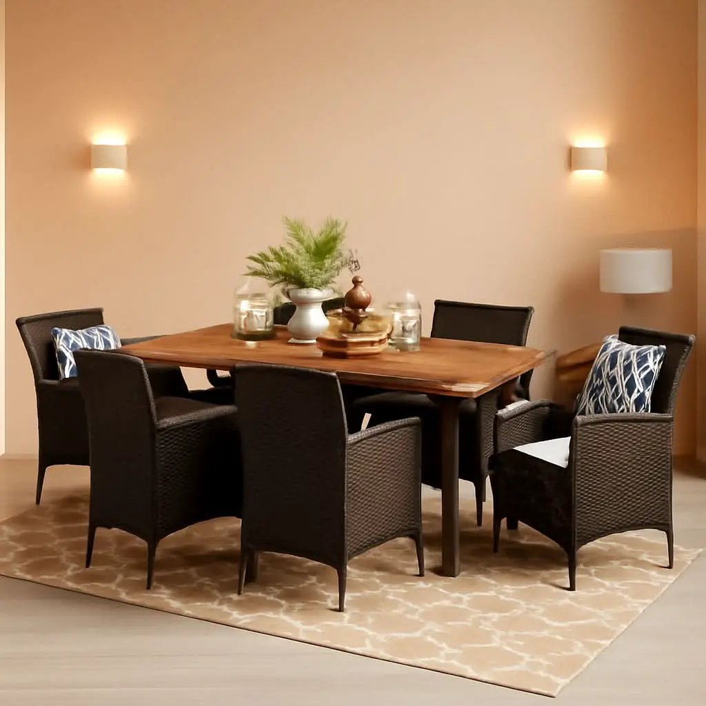 Outdoor 7 Piece Acacia Wood Wicker Dining Set Teak Finish from PriceLows™
