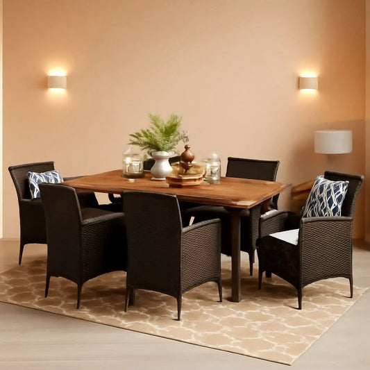 Outdoor 7 Piece Acacia Wood Wicker Dining Set Teak Finish from PriceLows™