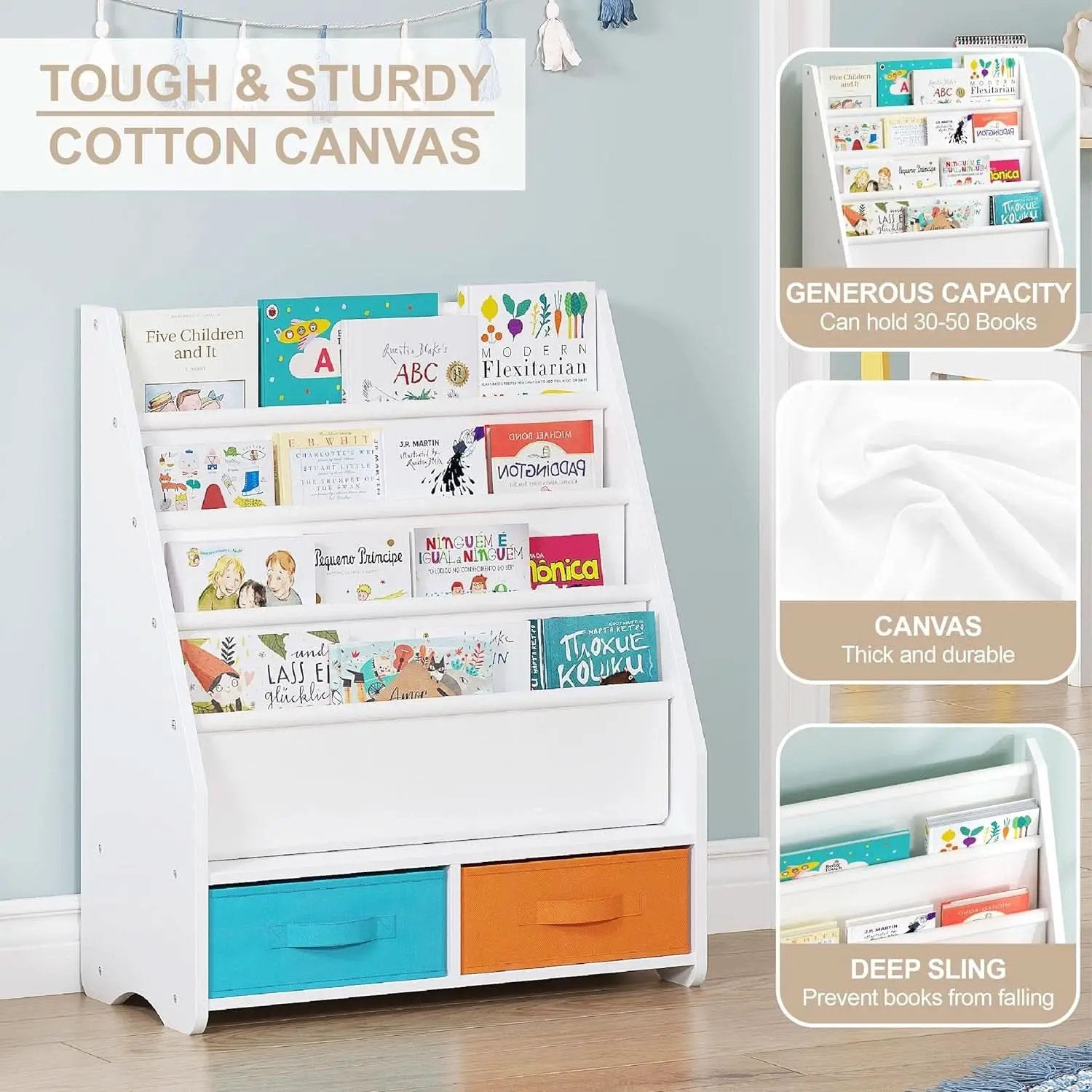 Kids Bookshelf With Storage Bins White Nursery Toddler from PriceLows™