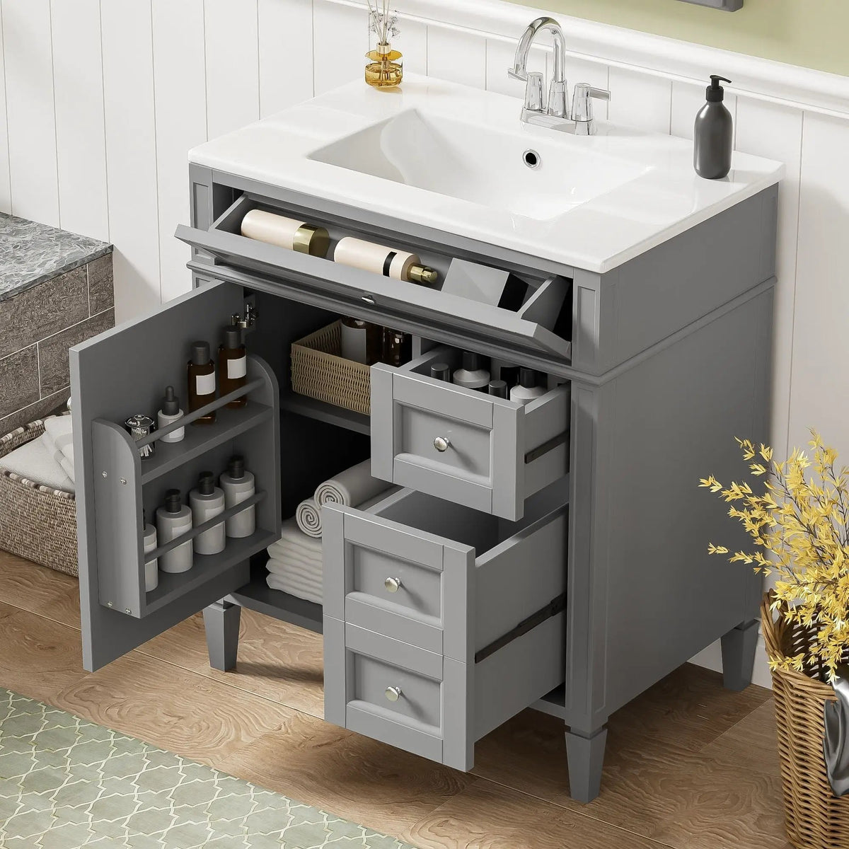 30 Inch Bathroom Vanity With Top Sink | 2 Drawers | Tip-Out Drawer | Vintage-Inspired Handles