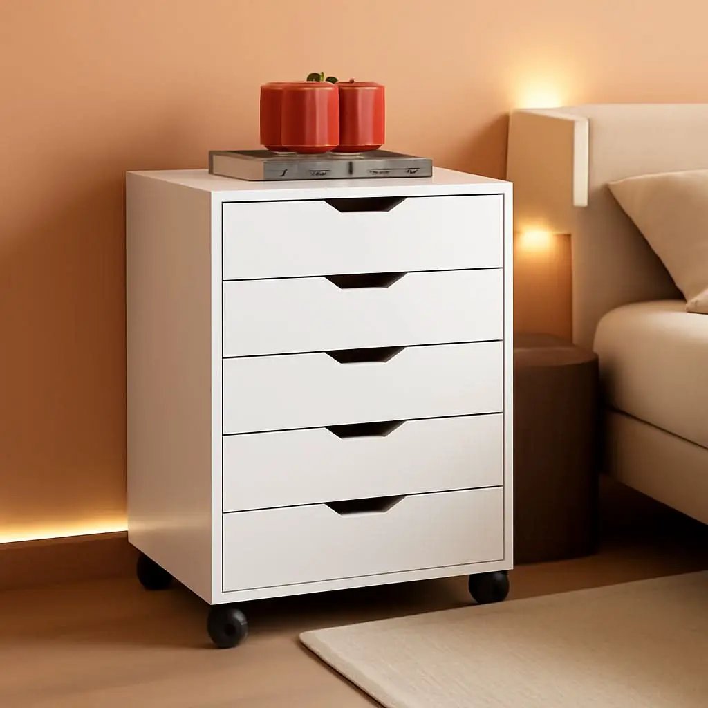 White 5 Drawer Wood File Cabinet With Wheels For Office from PriceLows™