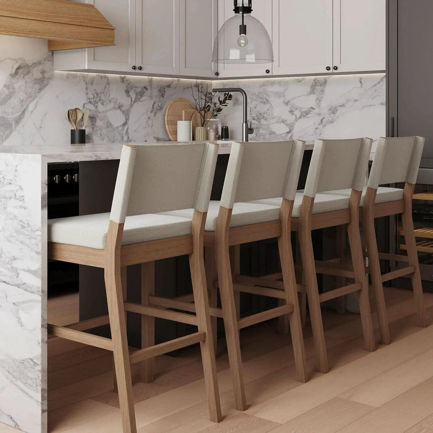 Bar Stool With Back Upholstered In Natural Flax Fabric from PriceLows™