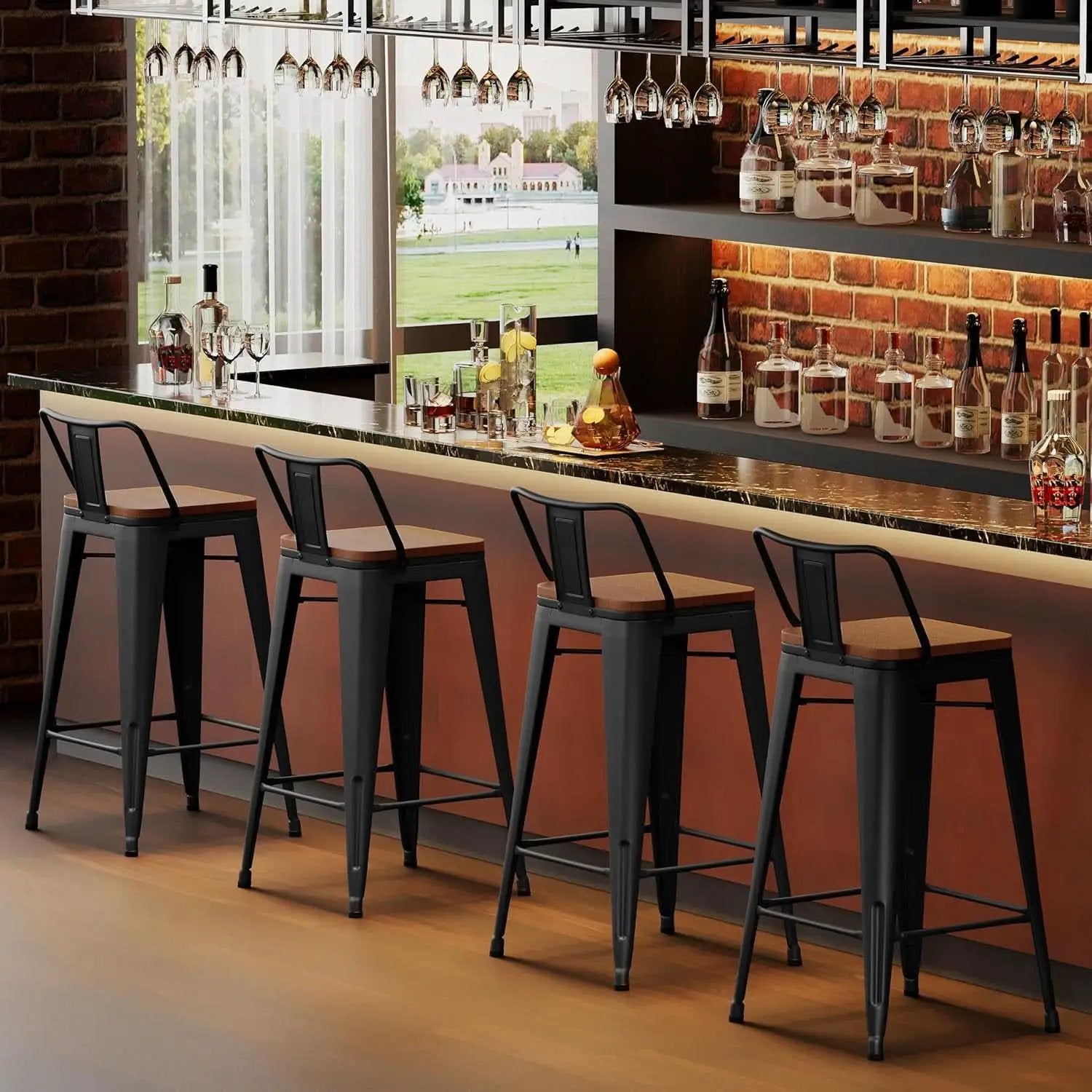 30 Inch Low Back Metal Barstools With Wooden Seat from PriceLows™