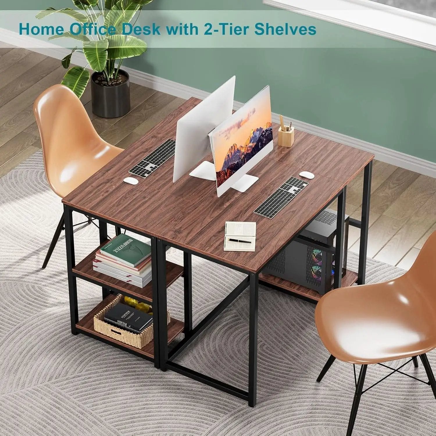 40 Inch Computer Desk With 2 Shelves Brown Sturdy Home Office Gaming Desk from PriceLows™