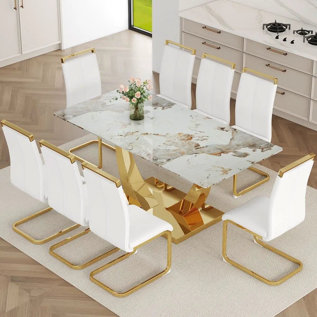71 Inch Faux Marble Dining Table Tempered Glass Top from PriceLows™