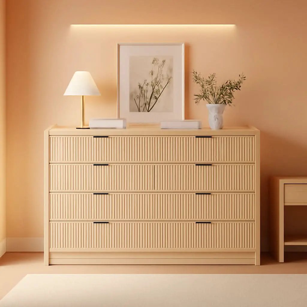 Natural Oak Fluted 8 Drawer Dresser 55 Inch Wide Bedroom from PriceLows™