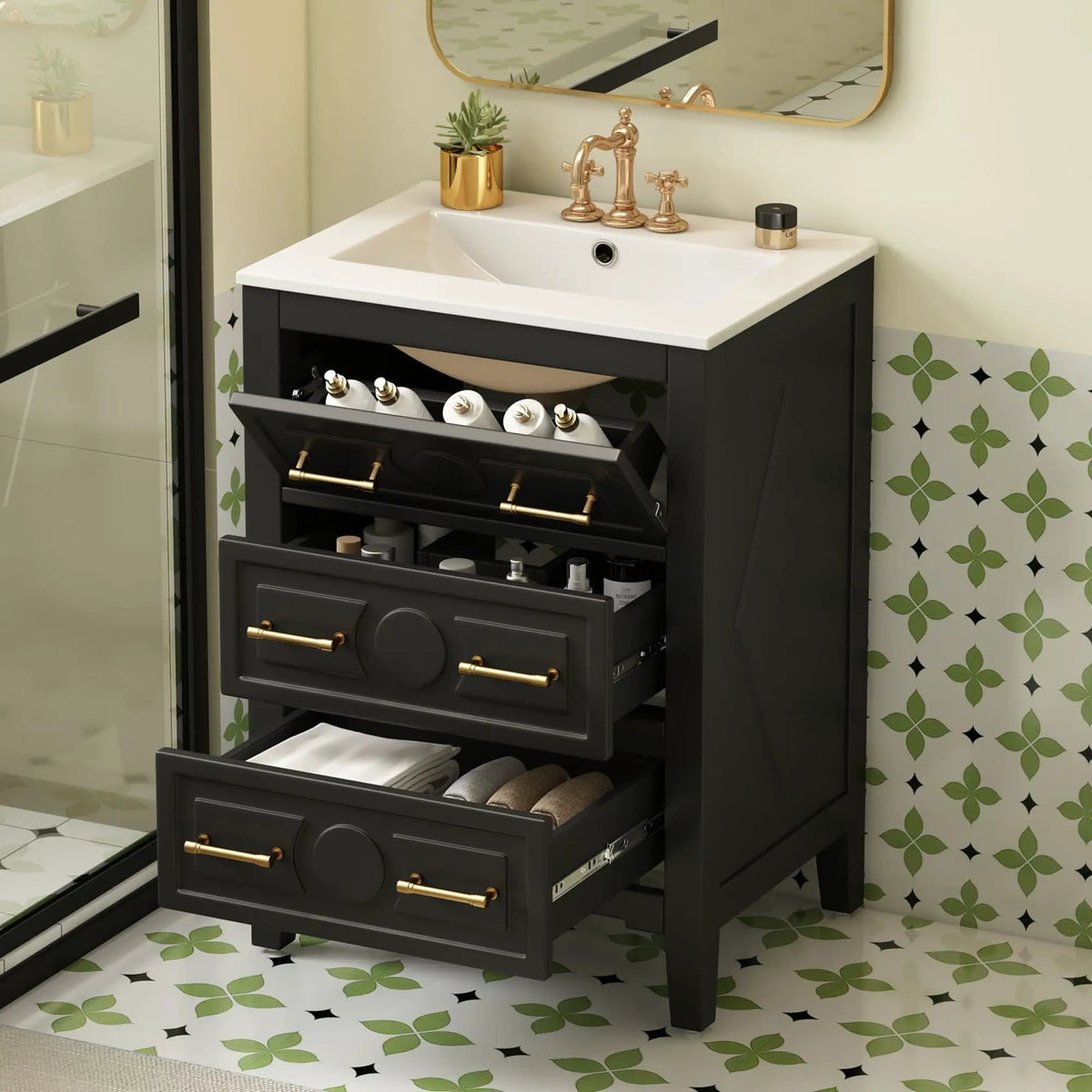 Bathroom Vanity With Sink, Free Standing Single Set, 3 Drawer Storage Cabinet | 2 Pieces | Solid Wood & Ceramic | Bathroom