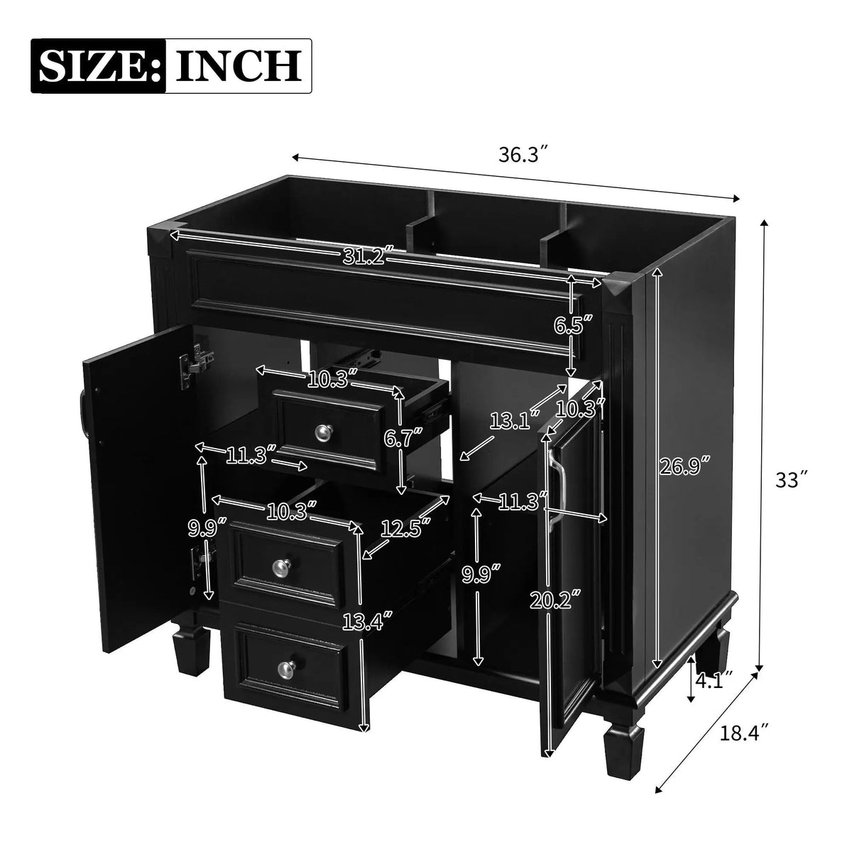 Bathroom Vanity Cabinet | 35.3 Inch Width | 2 Soft Closing Doors | 2 Drawers