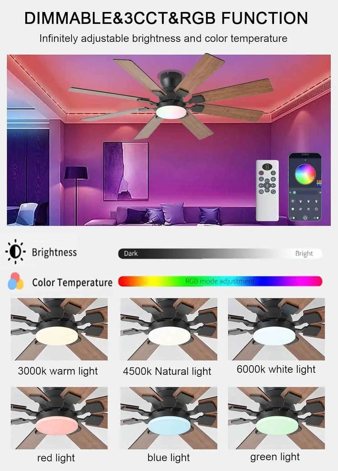 52 Inch Ceiling Fan With Light Remote App Control Brown from PriceLows™