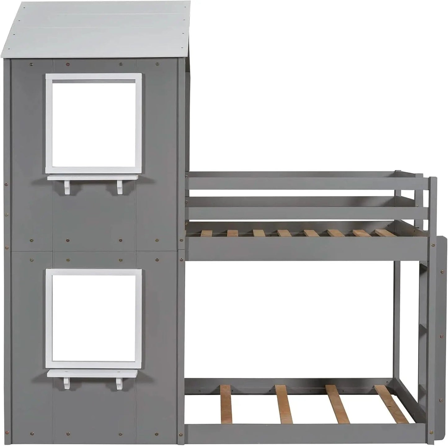 Twin Over Twin House Bunk Bed With Roof And Ladders Grey from PriceLows™