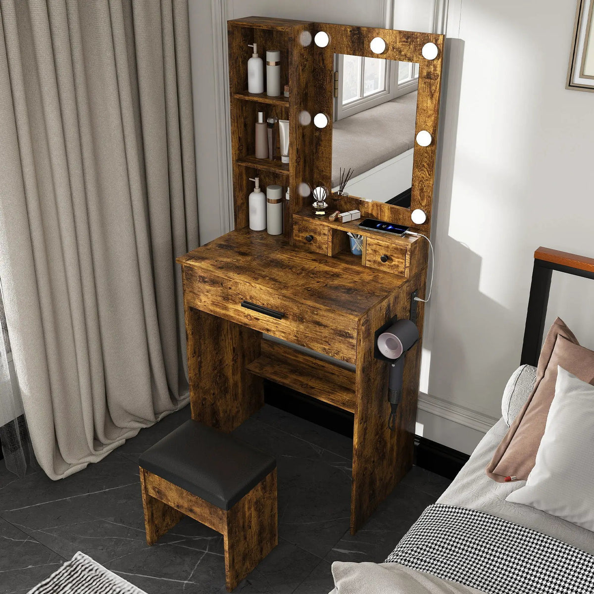 Vanity Table | LED Mirror | Power Outlet | Includes Stool