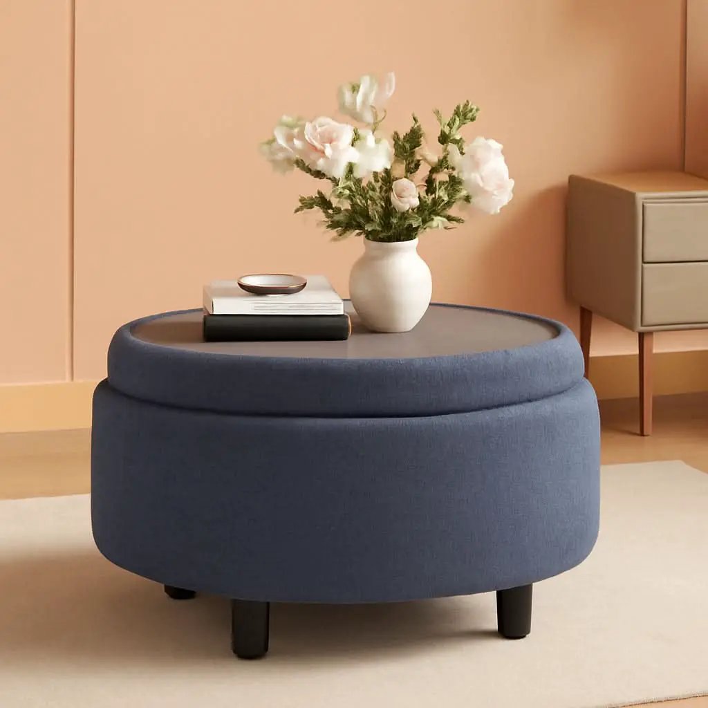 Blue Upholstered Circular Storage Ottoman With Tray from PriceLows™