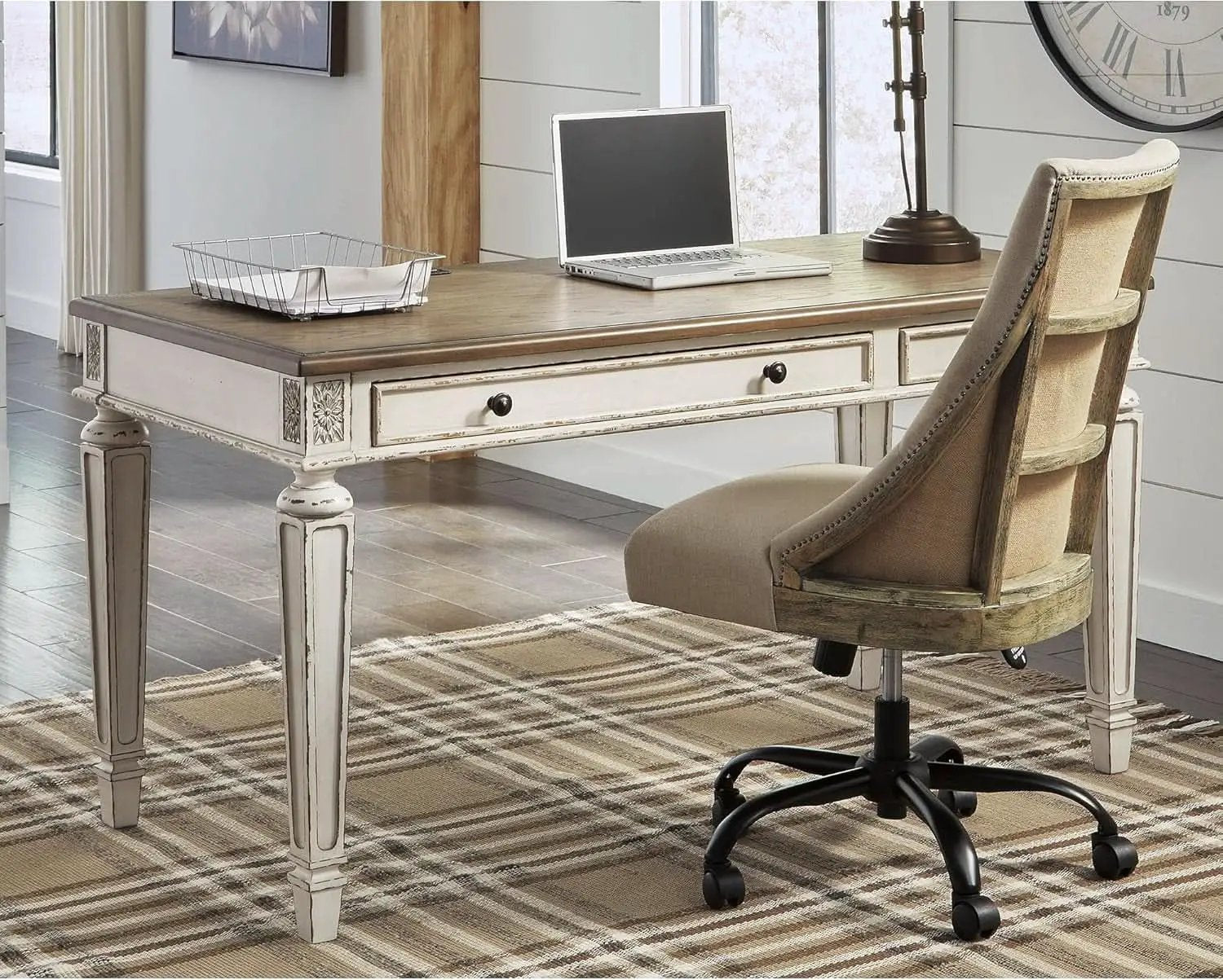 Realyn Farmhouse 60 Inch Home Office Desk With USB Charging Chipped White from PriceLows™