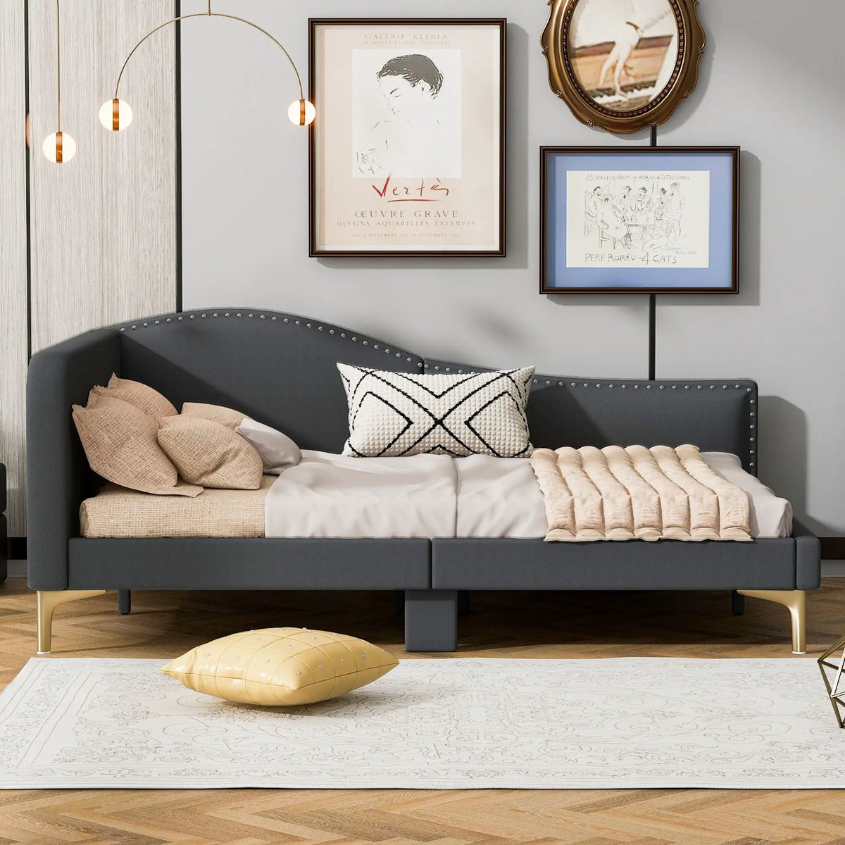 Upholstered Daybed | Headboard And Armrest | Support Legs | 80.5 Inch Length