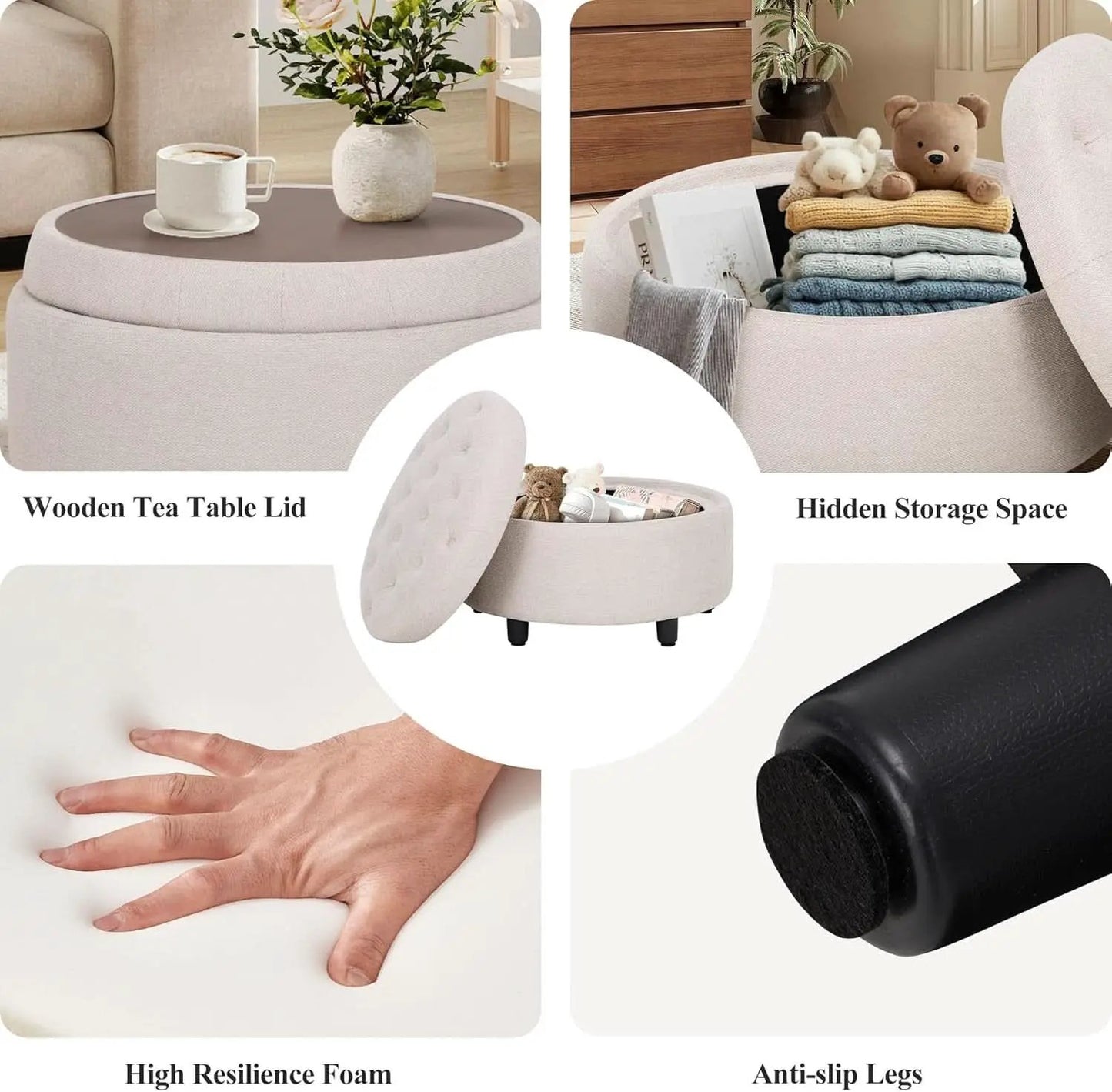 Beige Polyester Circular Storage Ottoman With Tray from PriceLows™