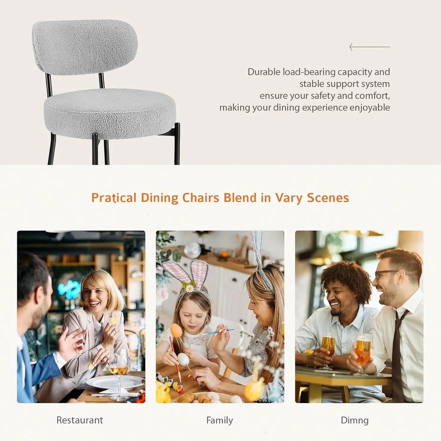 Boucle Upholstered Dining Chairs Set Of 4 With Curved Backrest Metal Legs Grey from PriceLows™