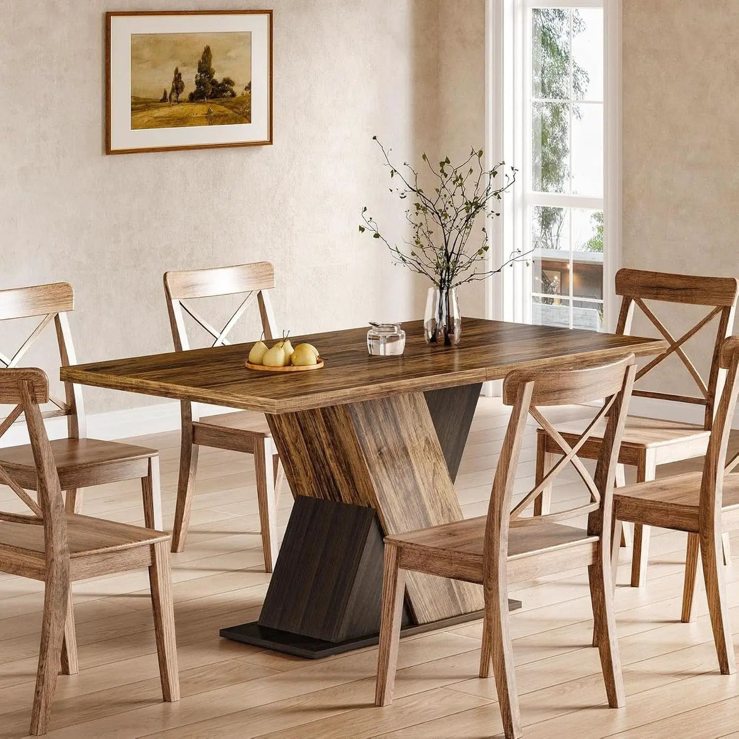 55 Inch Walnut Solid Industrial Dining Table Seats Six from PriceLows™